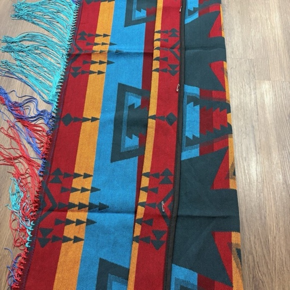 Southwestern Wool Geometric Fringed Shawl Robe Multicolor 28x78 Blue - Picture 12 of 13
